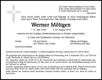 Anzeige von Werner Möltgen von Kölner Stadt-Anzeiger / Kölnische Rundschau / Express