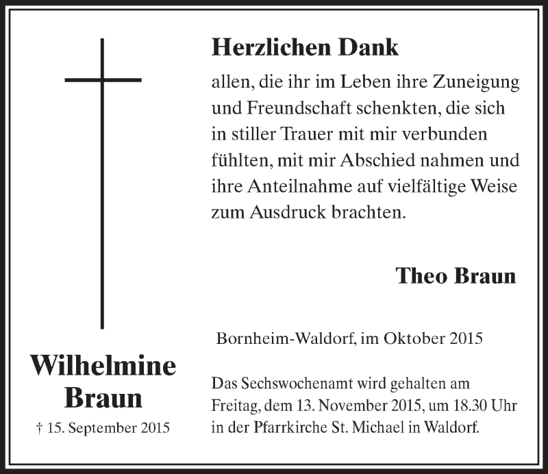  Traueranzeige für Wilhelmine Braun vom 28.10.2015 aus  Schlossbote/Werbekurier 