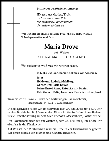 Anzeige von Maria Drove von Kölner Stadt-Anzeiger / Kölnische Rundschau / Express