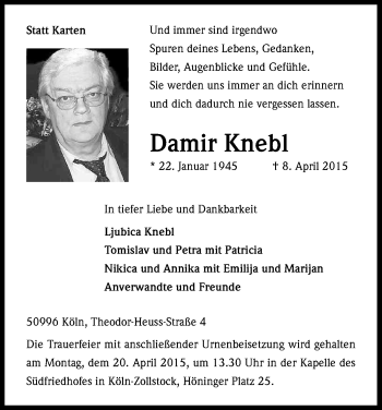 Anzeige von Damir Knebl von Kölner Stadt-Anzeiger / Kölnische Rundschau / Express