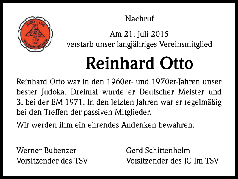  Traueranzeige für Reinhard Otto vom 01.08.2015 aus Kölner Stadt-Anzeiger / Kölnische Rundschau / Express