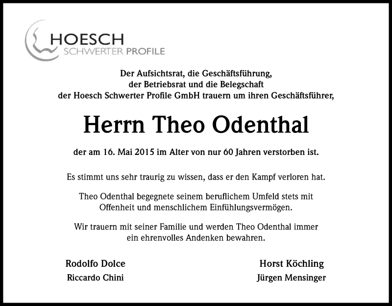  Traueranzeige für Theo Odenthal vom 21.05.2015 aus Kölner Stadt-Anzeiger / Kölnische Rundschau / Express