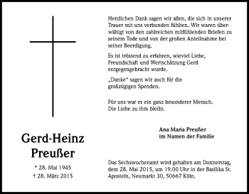 Anzeige von Gerd-Heinz Preußer von Kölner Stadt-Anzeiger / Kölnische Rundschau / Express