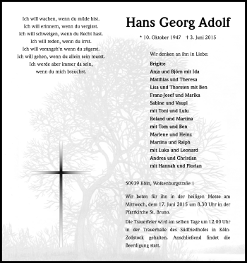 Anzeige von Hans Georg Adolf von Kölner Stadt-Anzeiger / Kölnische Rundschau / Express