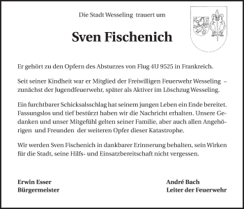 Anzeige von Sven Fischenich von  Schlossbote/Werbekurier 