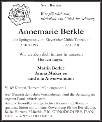 Anzeige von Annemarie Berkle von  Werbepost 