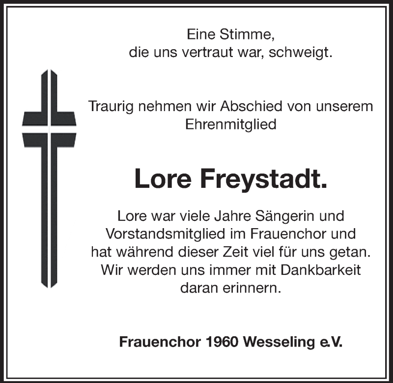  Traueranzeige für Lore Freystadt vom 29.07.2015 aus  Schlossbote/Werbekurier 