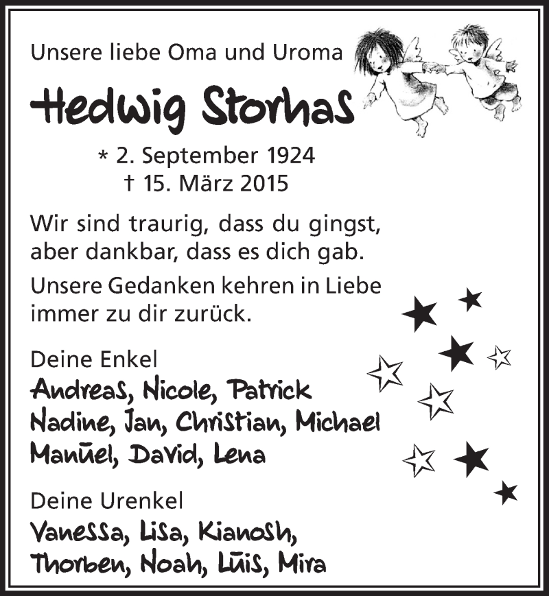  Traueranzeige für Hedwig Storhas vom 18.03.2015 aus  Lokalanzeiger 