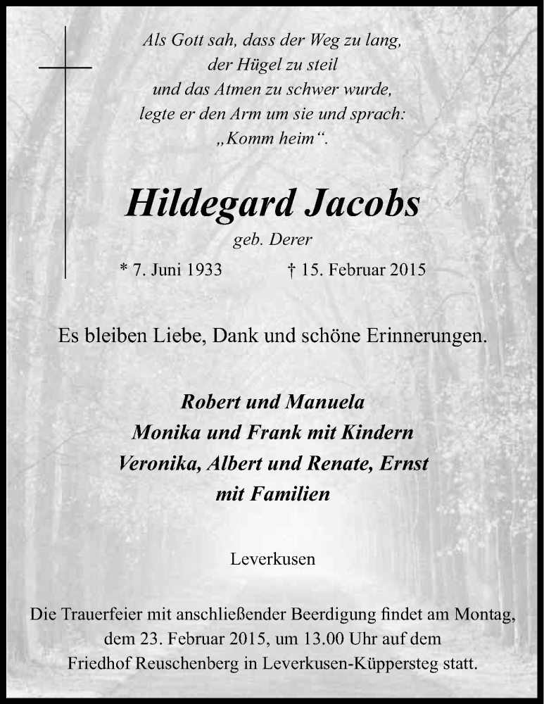 Traueranzeige für Hildegard Jacobs vom 20.02.2015 aus Kölner Stadt-Anzeiger / Kölnische Rundschau / Express