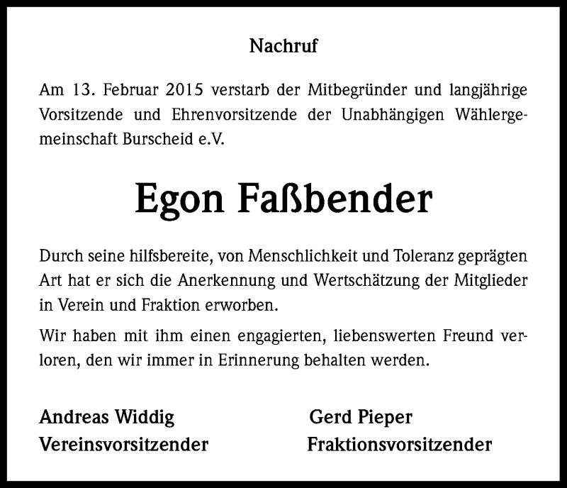  Traueranzeige für Egon Faßbender vom 28.02.2015 aus Kölner Stadt-Anzeiger / Kölnische Rundschau / Express