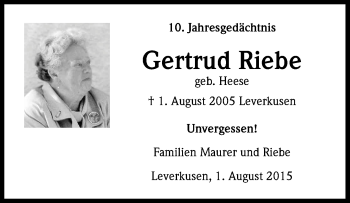 Anzeige von Gertrud Riebe von Kölner Stadt-Anzeiger / Kölnische Rundschau / Express