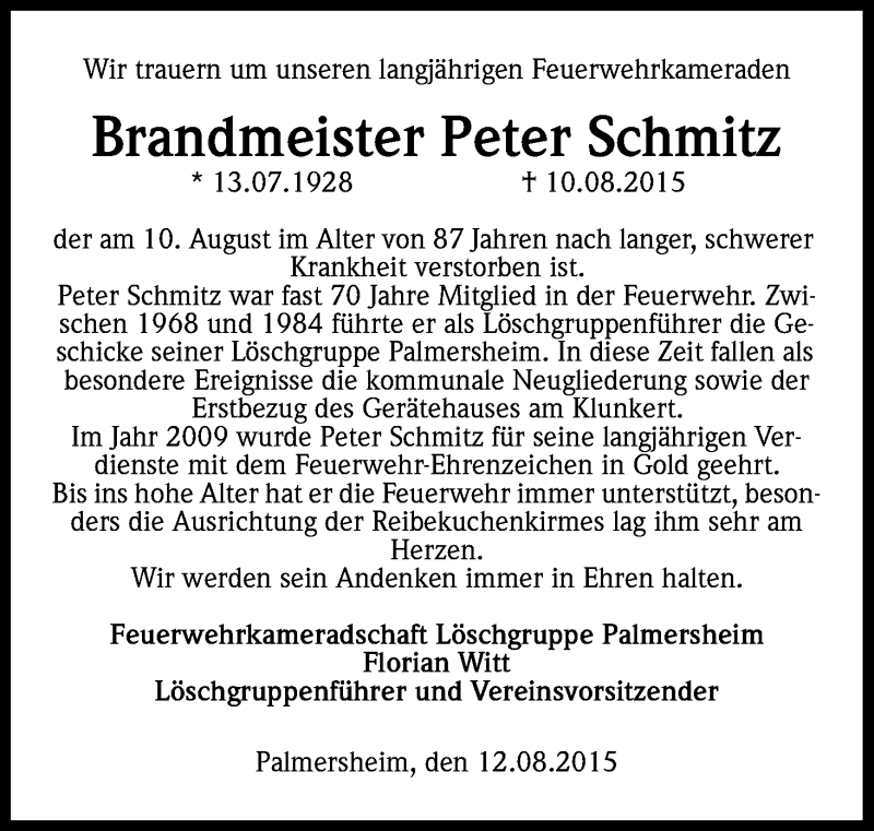  Traueranzeige für Peter Schmitz vom 15.08.2015 aus Kölner Stadt-Anzeiger / Kölnische Rundschau / Express