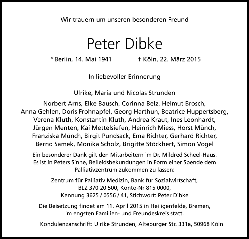  Traueranzeige für Peter Dibke vom 04.04.2015 aus Kölner Stadt-Anzeiger / Kölnische Rundschau / Express