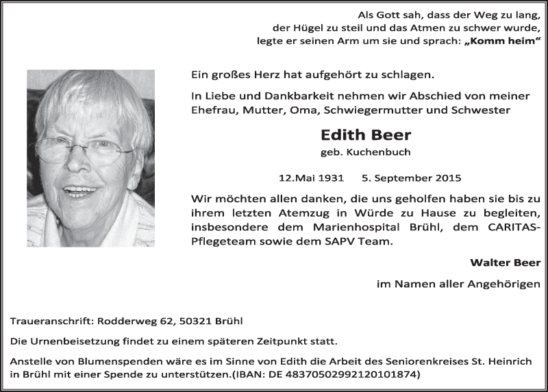  Traueranzeige für Edith Beer vom 16.09.2015 aus  Schlossbote/Werbekurier 