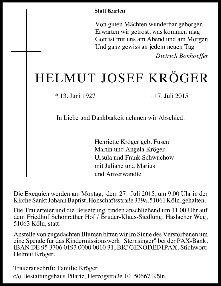  Traueranzeige für Helmut Josef Kröger vom 25.07.2015 aus Kölner Stadt-Anzeiger / Kölnische Rundschau / Express