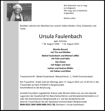 Anzeige von Ursula Faulenbach von Kölner Stadt-Anzeiger / Kölnische Rundschau / Express