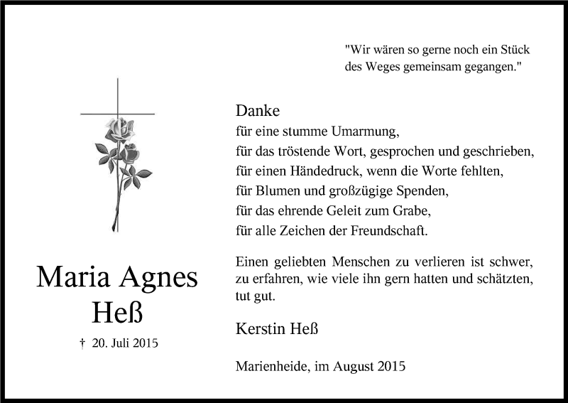  Traueranzeige für Maria Agnes Heß vom 21.08.2015 aus Kölner Stadt-Anzeiger / Kölnische Rundschau / Express