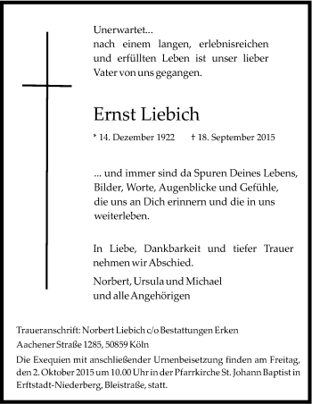 Anzeige von Ernst Liebich von Kölner Stadt-Anzeiger / Kölnische Rundschau / Express