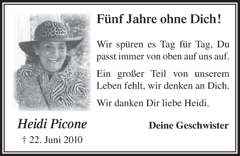  Traueranzeige für Heidi Picone vom 27.06.2015 aus  Bergisches Sonntagsblatt 