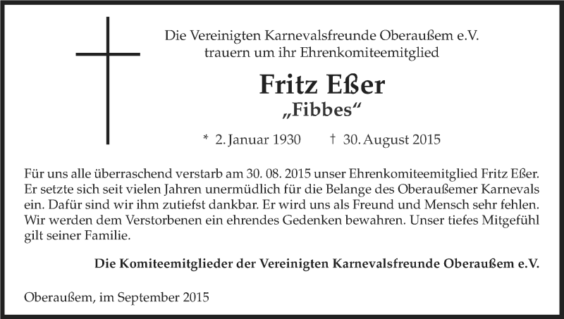  Traueranzeige für Fritz Eßer vom 12.09.2015 aus Kölner Stadt-Anzeiger / Kölnische Rundschau / Express