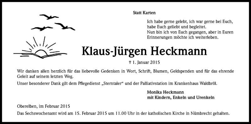  Traueranzeige für Klaus Jürgen Heckmann vom 07.02.2015 aus Kölner Stadt-Anzeiger / Kölnische Rundschau / Express