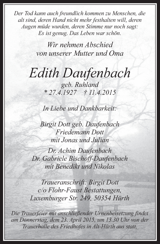  Traueranzeige für Edith Daufenbach vom 15.04.2015 aus  Wochenende 