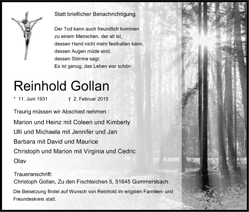  Traueranzeige für Reinhold Gollan vom 07.02.2015 aus Kölner Stadt-Anzeiger / Kölnische Rundschau / Express