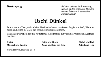 Anzeige von Uschi Dünkel von Kölner Stadt-Anzeiger / Kölnische Rundschau / Express