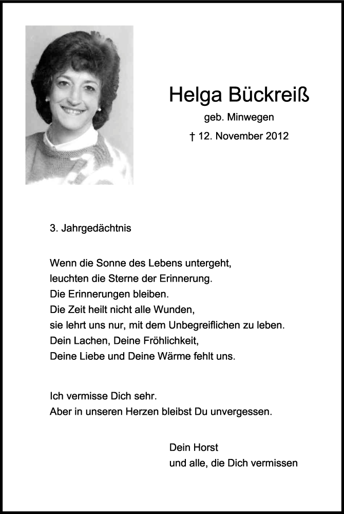  Traueranzeige für Helga Bückreiß vom 12.11.2015 aus Kölner Stadt-Anzeiger / Kölnische Rundschau / Express