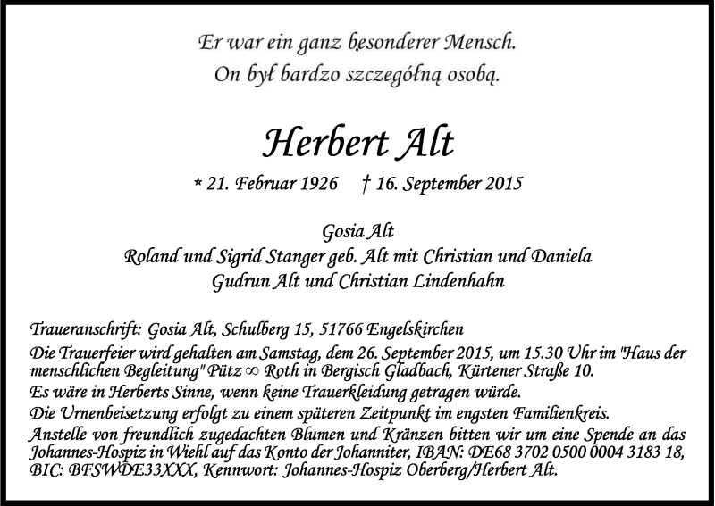  Traueranzeige für Herbert Alt vom 23.09.2015 aus Kölner Stadt-Anzeiger / Kölnische Rundschau / Express
