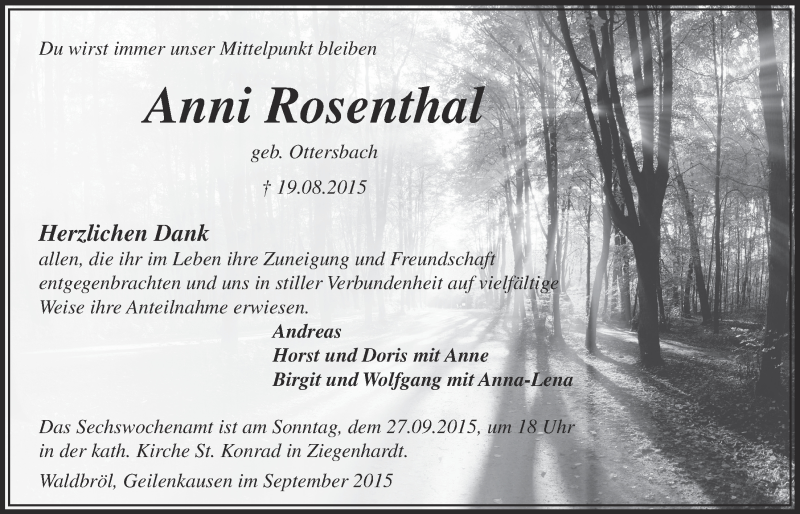  Traueranzeige für Anni Rosenthal vom 23.09.2015 aus  Lokalanzeiger 