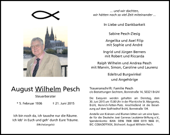 Anzeige von August Wilhelm Pesch von Kölner Stadt-Anzeiger / Kölnische Rundschau / Express