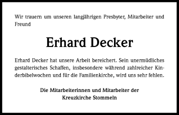 Anzeige von Erhard Decker von Kölner Stadt-Anzeiger / Kölnische Rundschau / Express