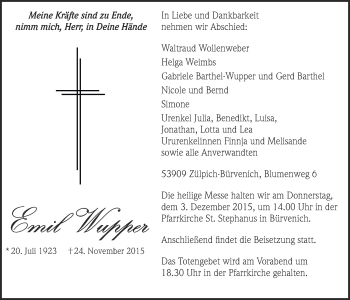 Anzeige von Emil Wupper von  Blickpunkt Euskirchen 