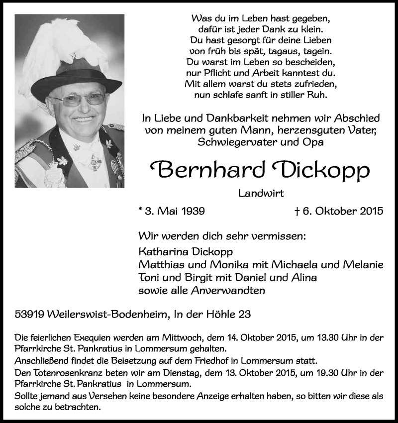  Traueranzeige für Bernhard Dickopp vom 10.10.2015 aus Kölner Stadt-Anzeiger / Kölnische Rundschau / Express