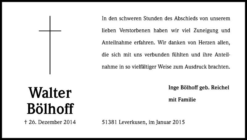  Traueranzeige für Walter Bölhoff vom 31.01.2015 aus Kölner Stadt-Anzeiger / Kölnische Rundschau / Express