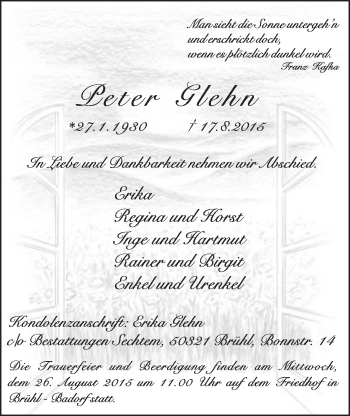 Anzeige von Peter Glehn von  Kölner Wochenspiegel  Schlossbote/Werbekurier 