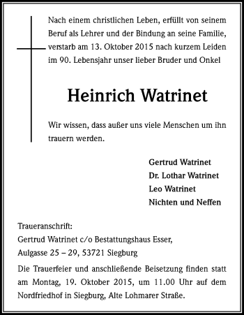 Anzeige von Heinrich Watrinet von Kölner Stadt-Anzeiger / Kölnische Rundschau / Express