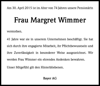 Anzeige von Margret Wimmer von Kölner Stadt-Anzeiger / Kölnische Rundschau / Express