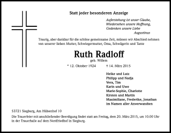 Anzeige von Ruth Radloff von Kölner Stadt-Anzeiger / Kölnische Rundschau / Express
