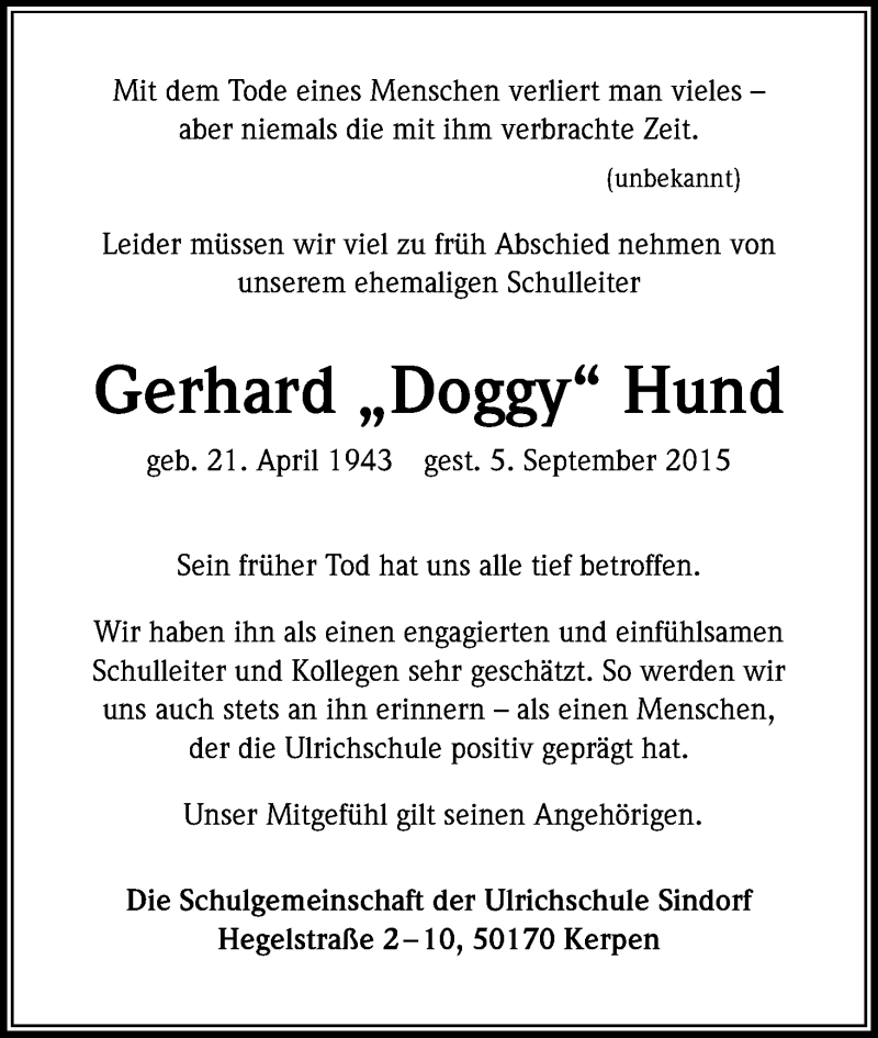  Traueranzeige für Gerhard Hund vom 11.09.2015 aus Kölner Stadt-Anzeiger / Kölnische Rundschau / Express