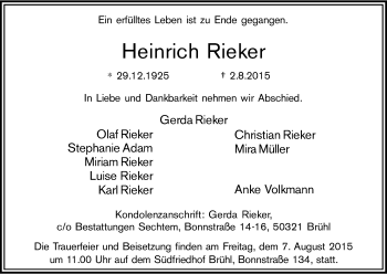 Anzeige von Heinrich Rieker von Kölner Stadt-Anzeiger / Kölnische Rundschau / Express