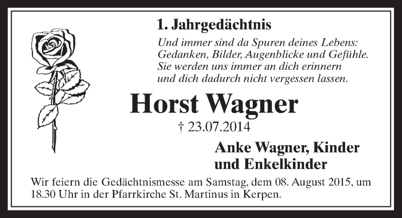  Traueranzeige für Horst Wagner vom 22.07.2015 aus  Werbepost 