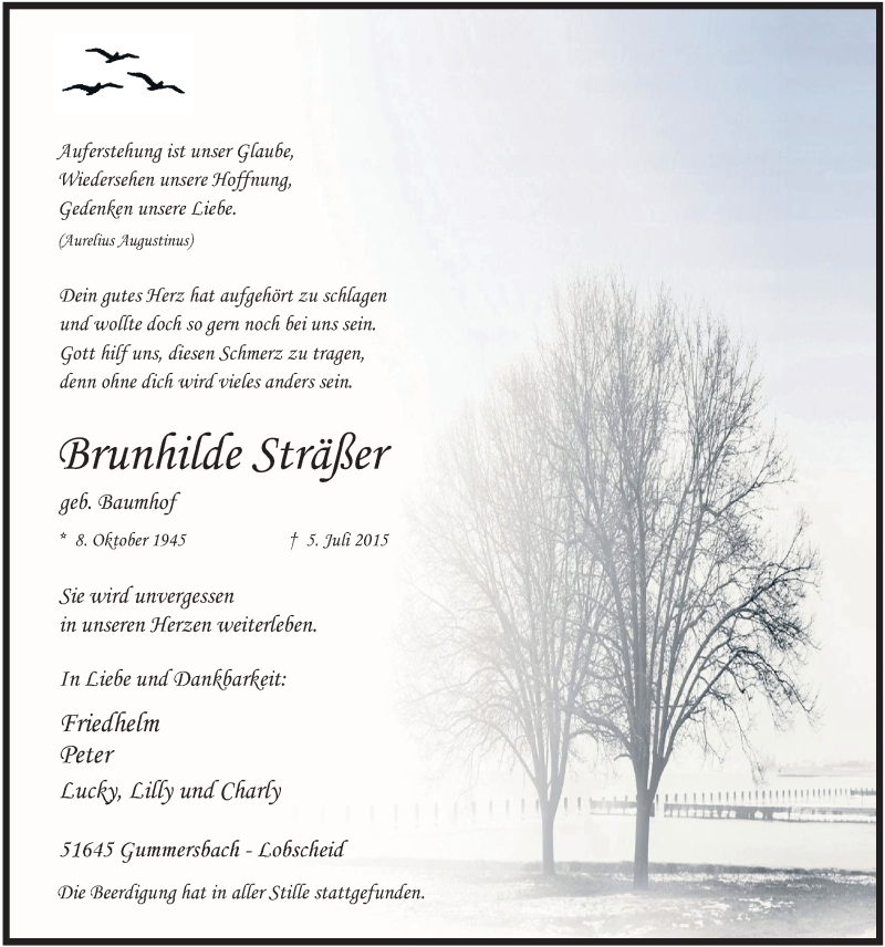  Traueranzeige für Brunhilde Sträßer vom 15.07.2015 aus  Anzeigen Echo 