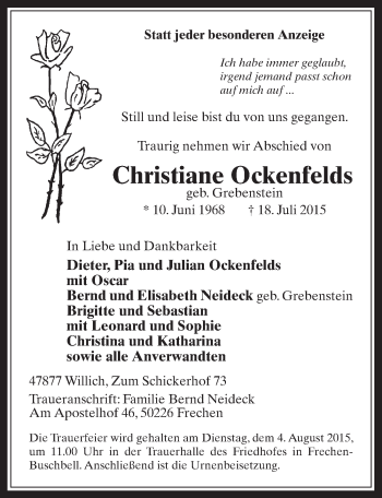 Anzeige von Christiane Ockenfelds von  Wochenende 