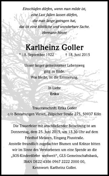 Anzeige von Karlheinz Goller von Kölner Stadt-Anzeiger / Kölnische Rundschau / Express