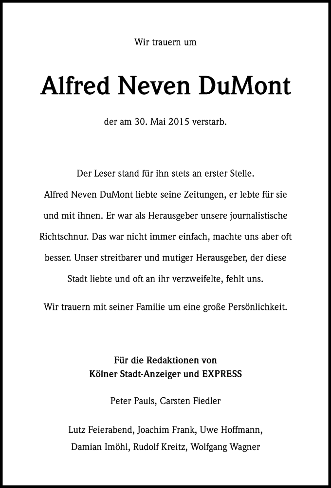  Traueranzeige für Alfred Neven DuMont vom 06.06.2015 aus Kölner Stadt-Anzeiger / Kölnische Rundschau / Express