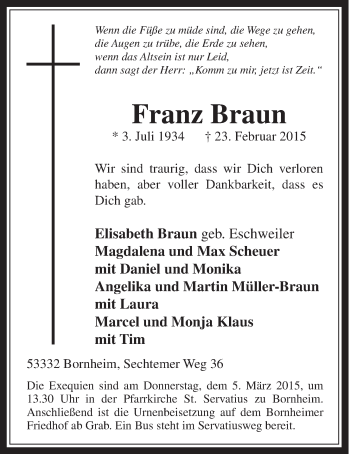 Anzeige von Franz Braun von  Schaufenster/Blickpunkt 
