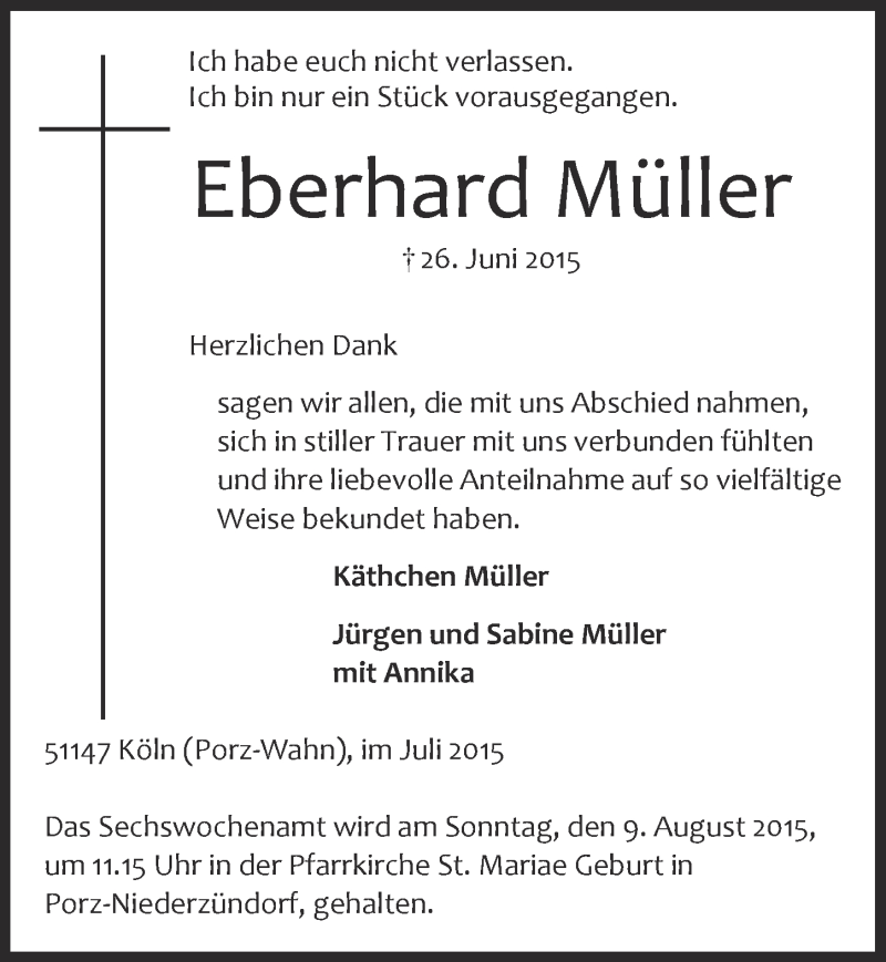  Traueranzeige für Eberhard Müller vom 05.08.2015 aus  Kölner Wochenspiegel 