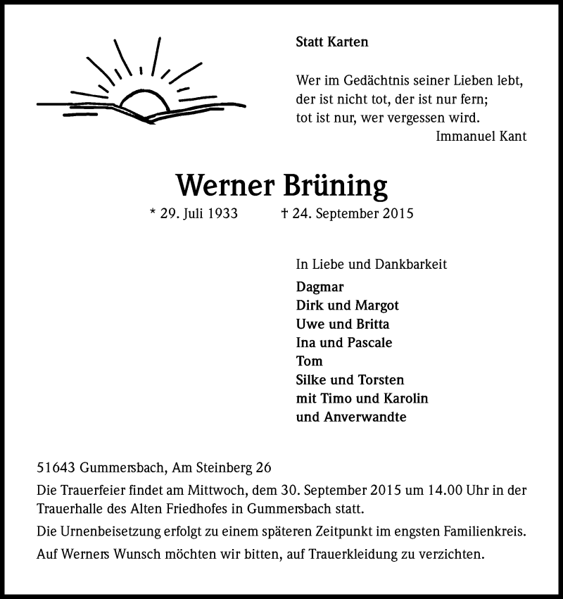 Traueranzeige für Werner Brüning vom 28.09.2015 aus Kölner Stadt-Anzeiger / Kölnische Rundschau / Express